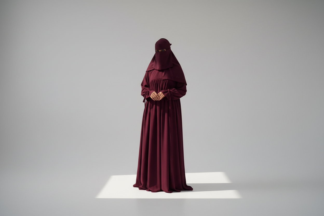 Dark purple-burgundy modest overgarment on standing Somali model